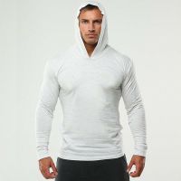 Brand Running Hooded T Shirt Men Gym Clothing Solid Long Sleeve Slim Cotton Tee Shirt Bodybuilding and Fitness Sportwear TShirt