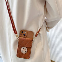 NLWVXINS กระเป๋าใส่บัตรใบหน้ายิ้มแย้มสีน้ำตาลลมเหมาะสำหรับ iPhone 14เคสโทรศัพท์13 Promax พร้อมสายรัด12ป้องกันการตก1
