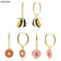 ANDYWEN 925 Sterling Silver Gold Orange Fish Pear Love Drop Earring Women Luxury Jewelry Fine Jewels Enamel Clips Pendientes