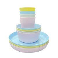 12 Piece Plastic Dinnerware Set Reusable BPA Free 4 Cups 4 Bowls and 4 Plates Student Dinnerware Sets Kitchen Tableware