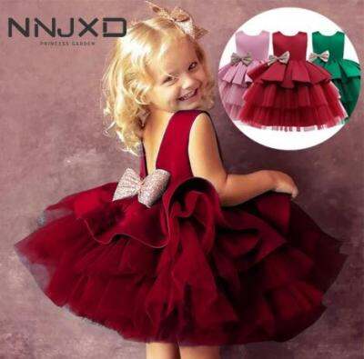 NNJXD Baby Girl Clothes 0-5 Years Lace Sleeveless Dress O-neck Bow-Knot Dress Three Layer tutu Skirt Weeding Wear Dress