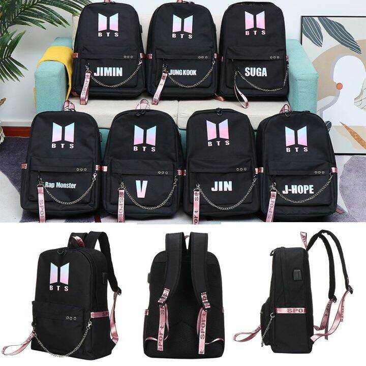 BTS BT21 Chain Backpack Cute Canvas Shoulder Bags USB Charging Interface  School Bag Travel Backpack Design Kpop Jungkook Jimin Suga V | Lazada