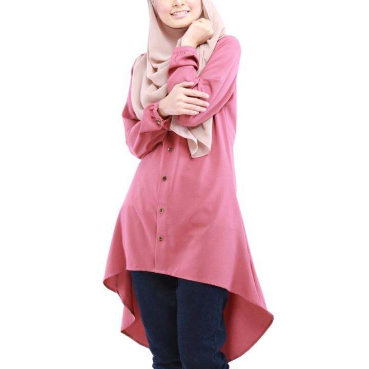 Wanita Muslim Lengan Panjang Pakaian Blaus Butang Asimetri Warna