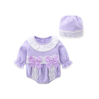 20212Pcs Baby Purple Rompers Toddler Girls 1st Birthday Party Outfits Infant Vintage Jumpsuit Newborn Bow Lace Rompers with Hat