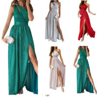 Womens Dress  Summer Sleeveless One Shoulder Sleeve Hollow Cross Hanging Neck Waist y Pure Color Shiny Open Long Dress