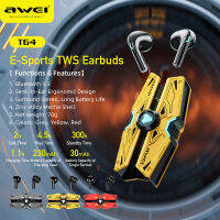 Awei T64 E-Hi-Fi สำหรับกีฬา TWS หูฟังบลูทูธ38Ms ล่าช้าอย่างไม่มีสติเกมดนตรีโหมดคู่หูฟังบลูทูธ5.3ชิปวัสดุที่เป็นมิตรกับผิวการออกแบบการยศาสตร์ส