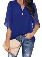 xixibeauty V-neck Loose Chiffon Blouses, Casual Solid Color Simple Short Sleeve Fashion Shirts Tops, Womens Clothing