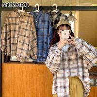 MAOZHUXIA ผู้หญิงแขนยาวปกคอยาวปุ่มลงเสื้อเชิ้ตลายสก๊อตเสื้อสตรี