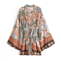 Boho Vintage Peacock Floral Print Sashes Kimono Women Bohemian V Neck Batwing Sleeves Happie Rayon Short Robe Bikini Cover-up