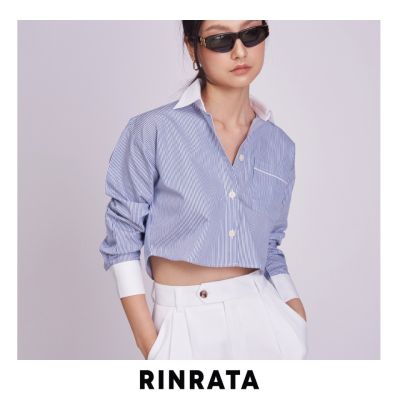 RINRATA - Tory shirt เสื้อเชิ้ต ทรง ครอป ตัวสั้น สีฟ้า ลายเส้น ในตัว ปก สีขาว ขอบแขน ขาว เชิ้ต ใส่เที่ยว เชิ้ตทำงาน เสื้อแฟชั่น