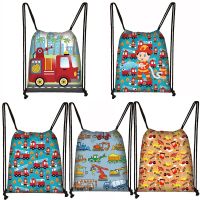 Cartoon Excavator Tractor Fire Truck Print Drawstring Bag Teenagers Engineering Vehicle Canvas Backpacks Portable Storage Bag