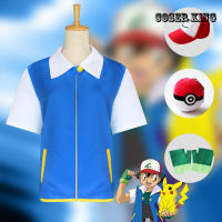 COSER KING Pokémon Ash Ketchum Kids Cosplay Costume เสื้อสีฟ้าถุงมือ Ash Ketchum Costumes Adult Costume ชุดคอสเพลย์ การ์ตูน