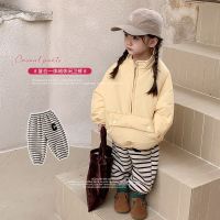 [COD] Korean boys and girls striped letter embroidered sweatpants 2022 autumn winter new baby plus velvet thick