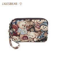 Korean Style Mini Small Handbag Canvas Womens Bag Bear Cartoon Clutch Bag Three-Layer Zipper Coin Purse Large Screen Mobile Phone Bag 【OCT】