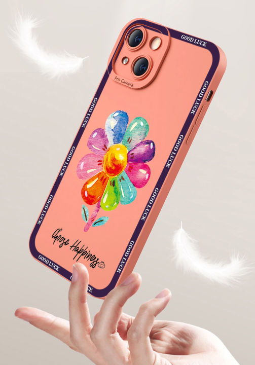 เคสโทรศัพท์ขอบสี่เหลี่ยมดอกไม้สีสันสดใสสำหรับ-iphone-14-plus-13-12-pro-max-11-xr-7-8-se-2020ฝาครอบป้องกันเลนส์เต็มเลนส์