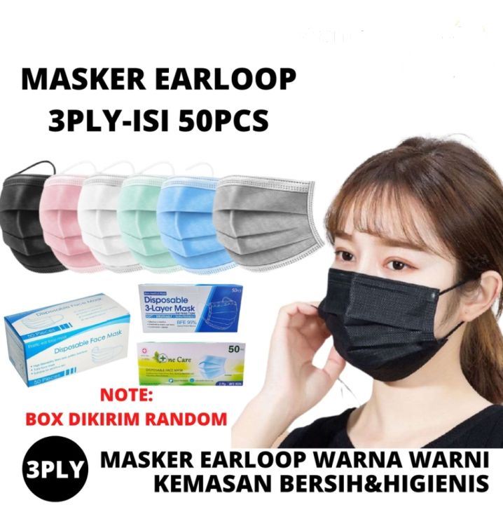 Masker 3 Ply 50 Pcs Non Medis Masker Earloop Putih Biru Hitam Lazada