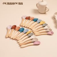 Baby Soft Silicone Wooden Fork and Spoon Set BPA Free Children Tableware Infant Toddler Training Feeding Accessories Kids Stuff Bowl Fork Spoon Sets