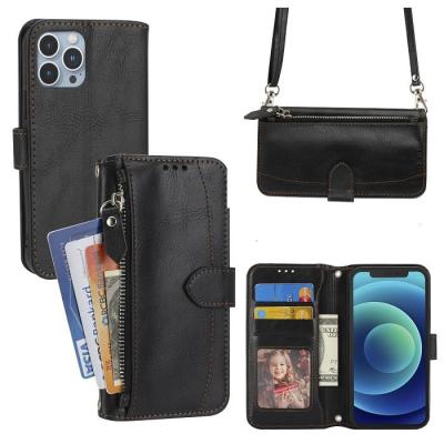 Lanyard Leather Zipper Card Slot Wallet Case For iPhone 11 12 13 14 Pro Max Mini X XR XS Max 7 8Plus Purse Phone bag Strap Cover
