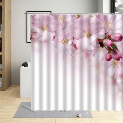 Flowering Peach Blossom Pink Shower Curtain Floral Plant Flower Art Home Decor Waterproof Fabric Bathroom Curtains With Hooks
