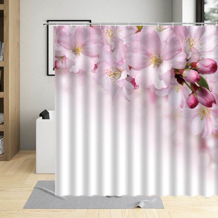 flowering-peach-blossom-pink-shower-curtain-floral-plant-flower-art-home-decor-waterproof-fabric-bathroom-curtains-with-hooks