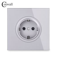 【CW】 Coswall Crystal Glass Panel 16A EU Standard Wall Power Socket Outlet Grounded With Child Protective Lock Grey Gray R11 Series