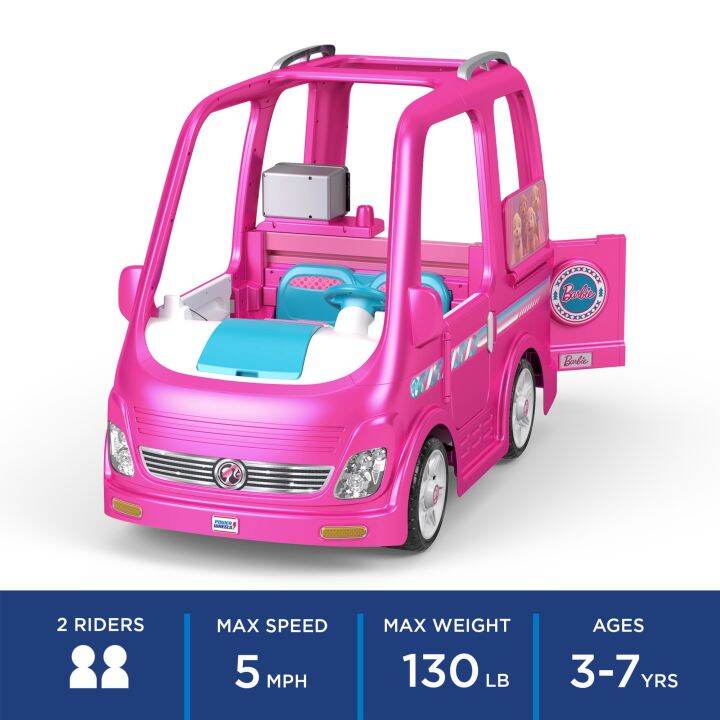 รถสำหรับตั้งแคมป์นั่งขับเคลื่อนด้วยแบตเตอรี่power-wheels-barbie-dream-camper