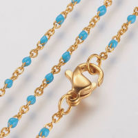 1pc Ion Plating(IP) 304 Stainless Steel Chain Necklaces with Enamel Golden Deep Sky Blue 17.51 inch~17.91 inch(44.5cm~45.5cm) 2mm