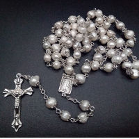 Catholic White Natural Pearls Long Chain Necklace Virgin Holy Jesus Cross Pendant Rosary Beads Necklace Religious Prayer Jewelry