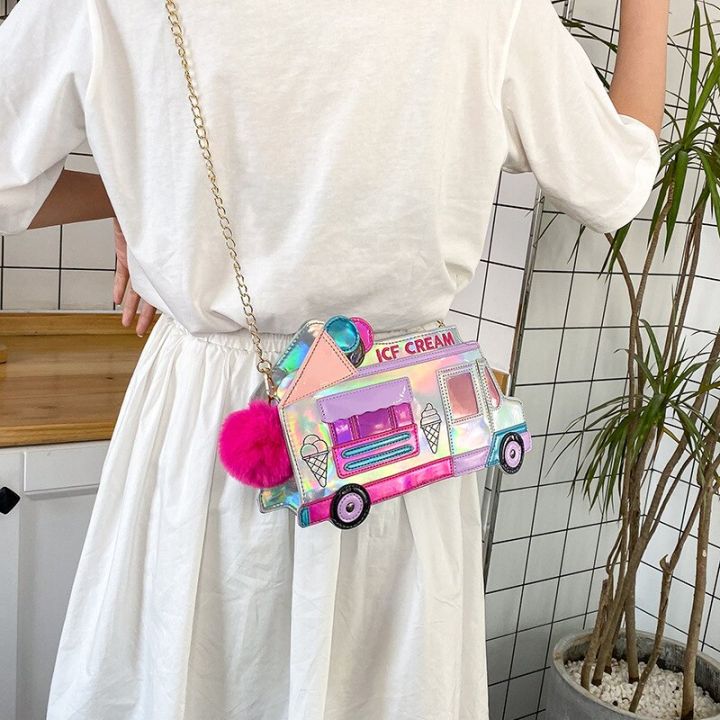 เลเซอร์สีพราวกระเป๋าสะพายไหล่สำหรับผู้หญิงกระเป๋าหิ้วรถไอศกรีมกระเป๋าโซ่สะพายข้างกระเป๋า-messenger-แบบตลกบุคลิก