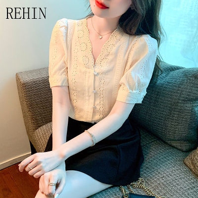 REHIN เสื้อคอวีแขนสั้นผู้หญิง,เสื้อคอวีแขนพองแบบฝรั่งเศสแขนสั้นสไตล์เกาหลีแบบใหม่ฤดูร้อน