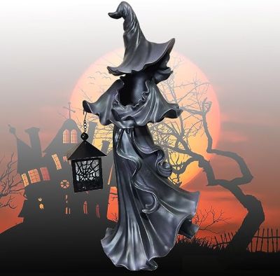 Witch Ghost with Lantern Faceless Ghost Sculpture Halloween Decorations Suitable for Home Outdoor Decoration
