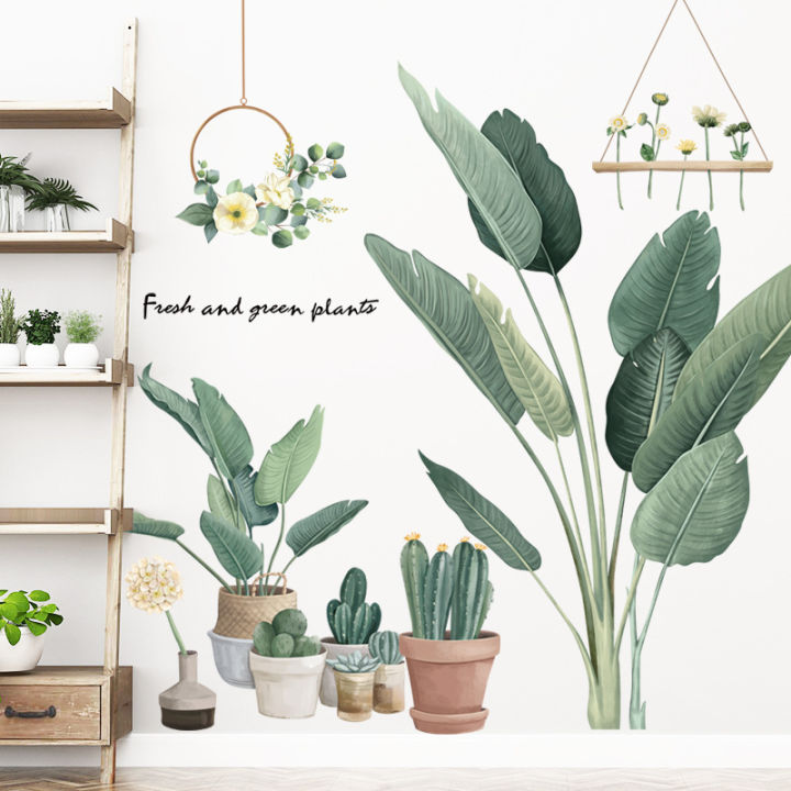 green-plants-leaf-flowerpot-small-fresh-stickers-bedroom-sofa-background-wall-pastoral-plants-wallpaper-wall-stickers