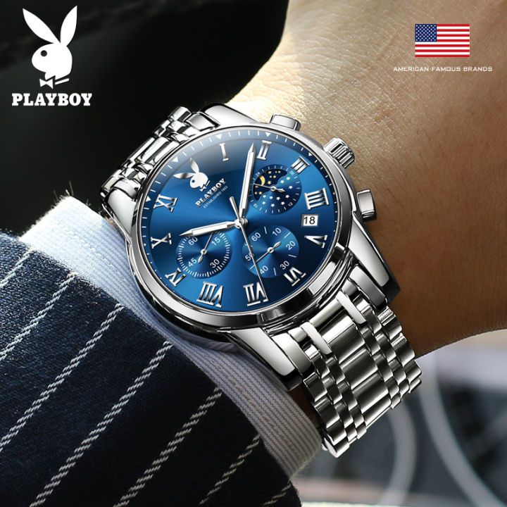 playboy-ใหม่เอี่ยมนาฬิกาชาย-สไตล์เกาหลีเดิมกันน้ำสแตนเลสโครโนกราฟนาฬิกาควอทซ์ส่องสว่าง