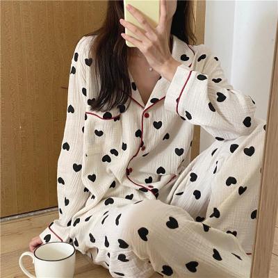 QWEEK Cotton Pajamas for Women Korean Sleepwear Heart Print Pijama Female Set Woman 2 Pieces Nightwear Autumn Pyjama Long Sleeve