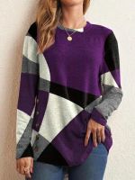 ✖♨  Womens Long Sleeved Cashmere T-shirt Tops Round Neck Pullover Contrast Printing Casual Tees Office Lady Clothing S-5XL