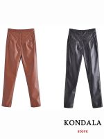KONDALA กางเกงผู้หญิงสีดำ/หนังเทียมสีน้ำตาลแนวสตรีทกางเกงขาทรงกระบอกแนวสตรีทสำหรับแฟชั่นสำหรับผู้หญิงฤดูใบไม้ร่วง