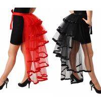 【CW】Gothic Tulle กระโปรงผู้หญิง Punk Puffy Ruffle Tutu Bustle กระโปรงเซ็กซี่ Steampunk ค็อกเทลปาร์ตี้ Tie-On Overskirt