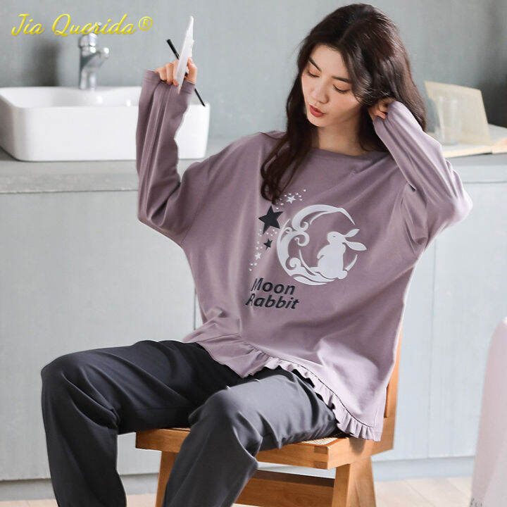 woman-pijama-set-100-cotton-loose-style-pullover-leisure-homesuit-cotton-loungewear-oversized-sleepwear-avocado-printing-pajama