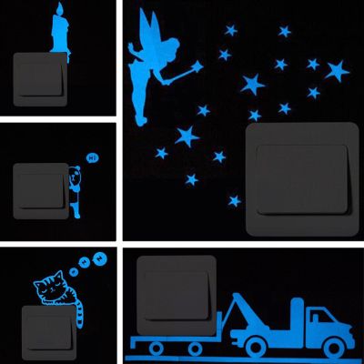 ☋☂✶ Light Switch Sticker Luminous Wall Stickers Cartoon Glow in the Dark Sticker Decal for Kids Room Decoration Home Decor Cat Fairy