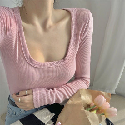 Pink Square Collar Bottoming Sweater T shirt Womens Autumn Slim Fit Tight Long-Sleeved Pullover with 2022 New Style Top shirt