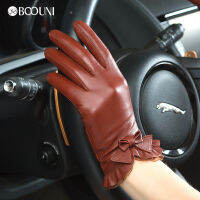 2021BOOUNI Genuine Sheepskin Gloves Fashion Wrist Lace Bow Solid Women Leather Glove Thermal Winter Driving Keep Warm NW176