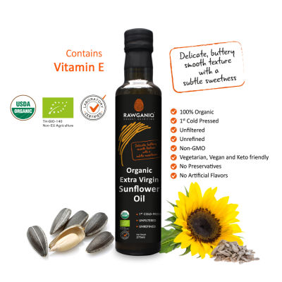 Rawganiq น้ำมันเมล็ดทานตะวันสกัดเย็นออร์แกนิค Organic Extra Virgin Sunflower Seed Oil (275ml.)