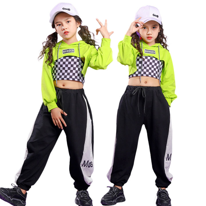 lolanta-4-16ปีหญิงฮิปฮอปเต้นรำเสื้อผ้าสีเขียว-crop-top-หรือกางเกงสีดำสีขาว-เสื้อลายสก๊อตเด็ก-streetwear-ชุดเชียร์ลีดเดอร์