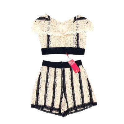 P010-023 PIMNADACLOSET - Sleeveless Knit Crop Top and  Lace trim Striped Shorts Set