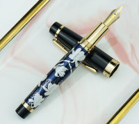 HongDian Metal Fountain Pen Hand-Drawing ดอกไม้สีฟ้า Iridium Efbent Nib Ink Pen ปากกาของขวัญการเขียนที่ยอดเยี่ยมสำหรับธุรกิจ