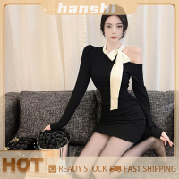 hanshi [2023 new HOT FASHION] lazlook เดรสผูกโบว์เปิดไหล่สำหรับผู้หญิงเดรสแขนยาวสีดำเซ็กซี่หรูหรา