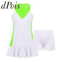 Kids Girls Sleeveless Tennis Dresses Sportswear Racer Back Ruffle Hem Cheer Dance Mini Dress Badminton Sport Dress with Shorts