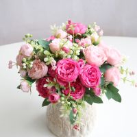 ⊙﹉ Pink Whit 5 Head Small Roses Bouquet Persian Ocean Peonies Simulated Flowers Home Wedding Roses Bouquet Decor Artificial Flowers