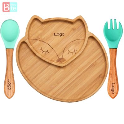 3PCS Baby Feeding Bowl DIY Baby Name Child Dinner Plate Cartoon Fox Bamboo Kids Feeding Dinnerware With Silicone Suction Cup