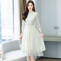 Pure Color Lace Long Sleeve Fashion Mesh Stitching Pearl Belt Dress Autumn 2021 Slim Long Midi Casual Dress